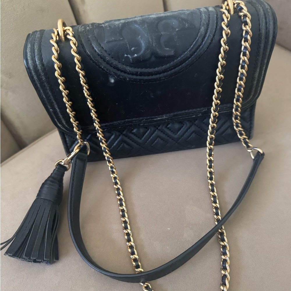 Black Quilted Leather Bag with Gold Chain